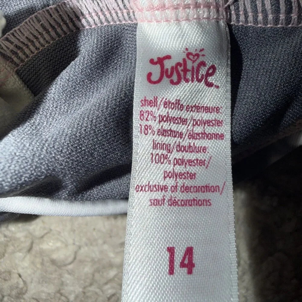 Justice Gray/White/Pink Glittery  One Piece Body/Bathing Suit  Sz 14 xl